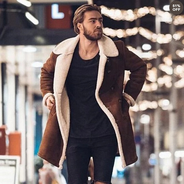 Faux Fur Fleece Faux Leather Jacket Men Winter Brown Suede Jacket